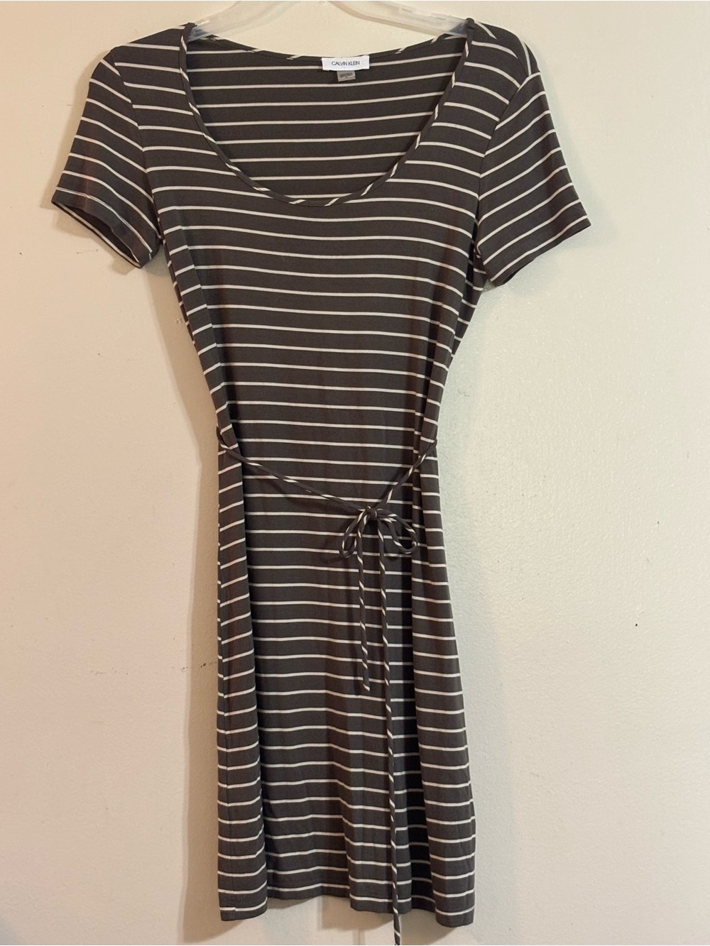 Calvin Klein Olive and White Striped Scoop-Neck Tee Dress with Belt retails $89